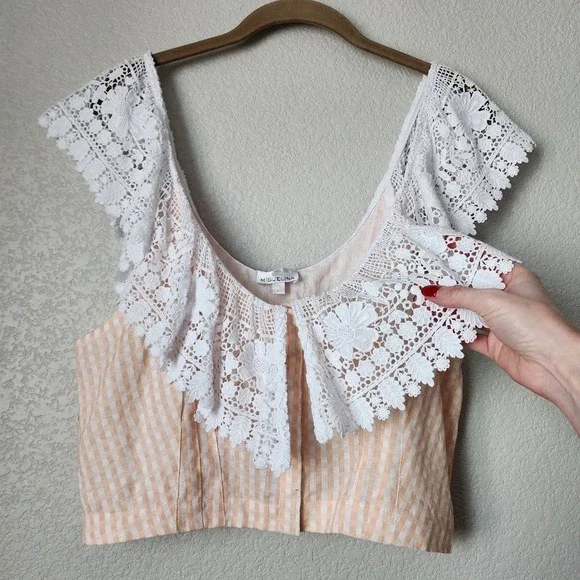 MIGUELINA Lace Gingham Crop Top Boho Coquette Cottagecore L - Picture 4 of 11